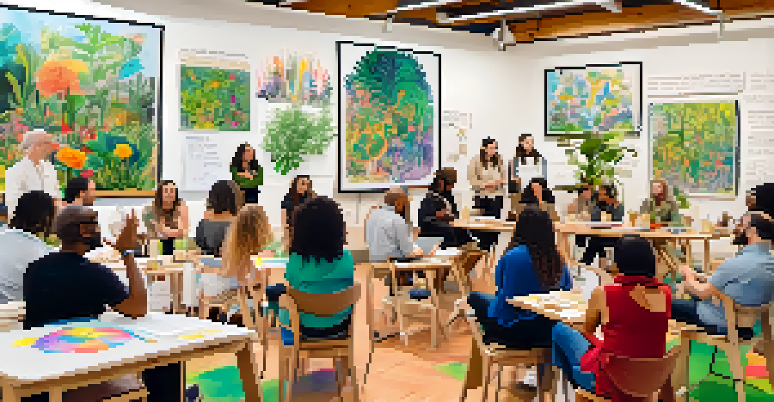 A bright workshop space filled with plants and art, where attendees share their experiences in a supportive environment, with insights displayed on a whiteboard.