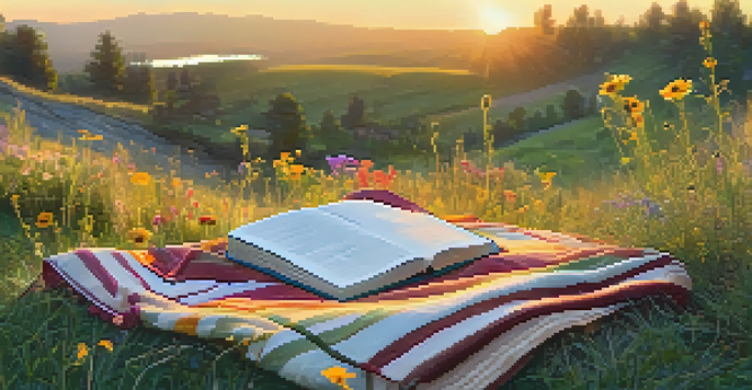 A peaceful outdoor scene with a blanket on grass, wildflowers around, and a journal with a pen, illuminated by the warm light of the setting sun.