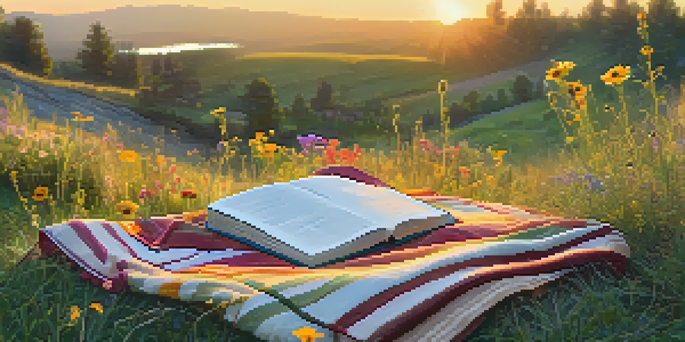 A peaceful outdoor scene with a blanket on grass, wildflowers around, and a journal with a pen, illuminated by the warm light of the setting sun.