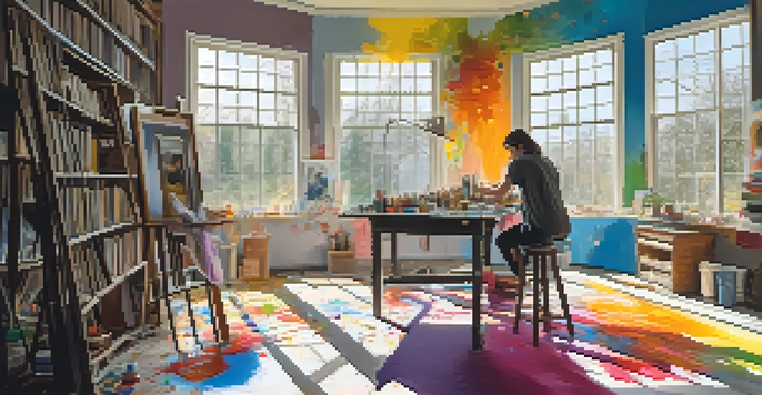 An artist's studio with colorful paint splatters, large canvases, brushes, and sunlight streaming through a window, depicting an artist painting a surreal landscape.