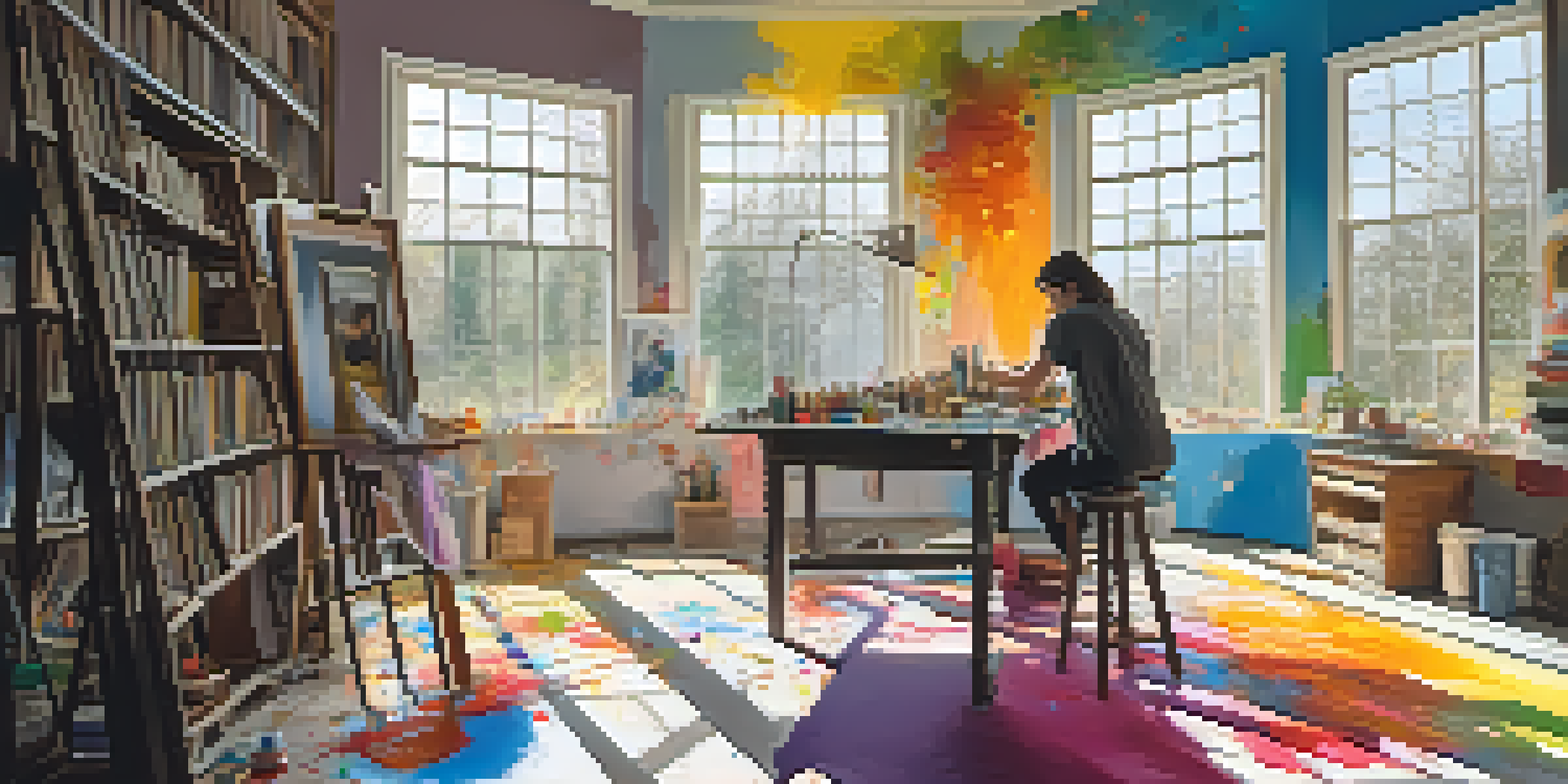 An artist's studio with colorful paint splatters, large canvases, brushes, and sunlight streaming through a window, depicting an artist painting a surreal landscape.