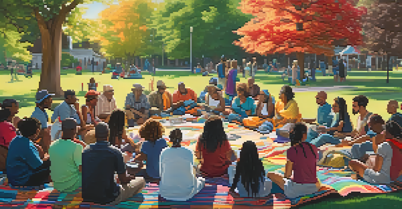 A diverse group of people sharing experiences in a park, surrounded by art supplies and nature.