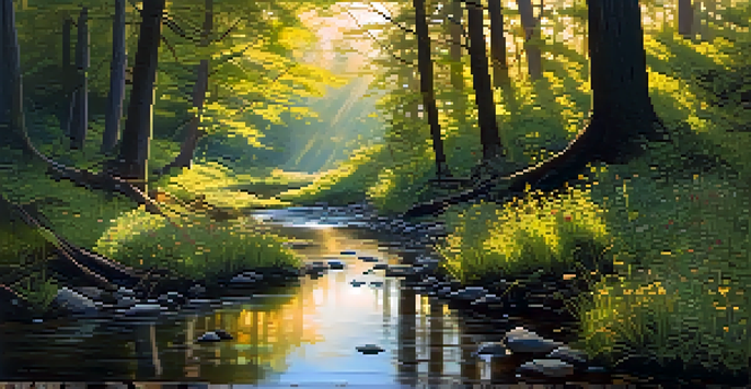 A peaceful forest at dawn with sunlight filtering through the leaves and a small stream reflecting the morning light.