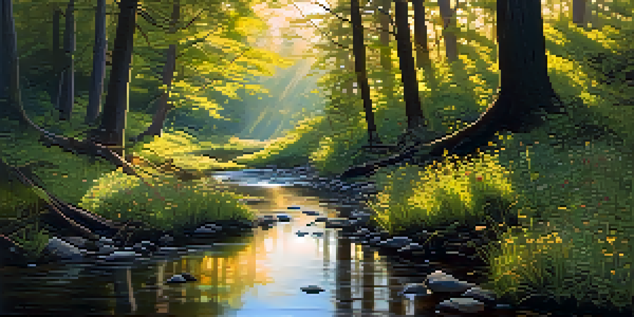 A peaceful forest at dawn with sunlight filtering through the leaves and a small stream reflecting the morning light.