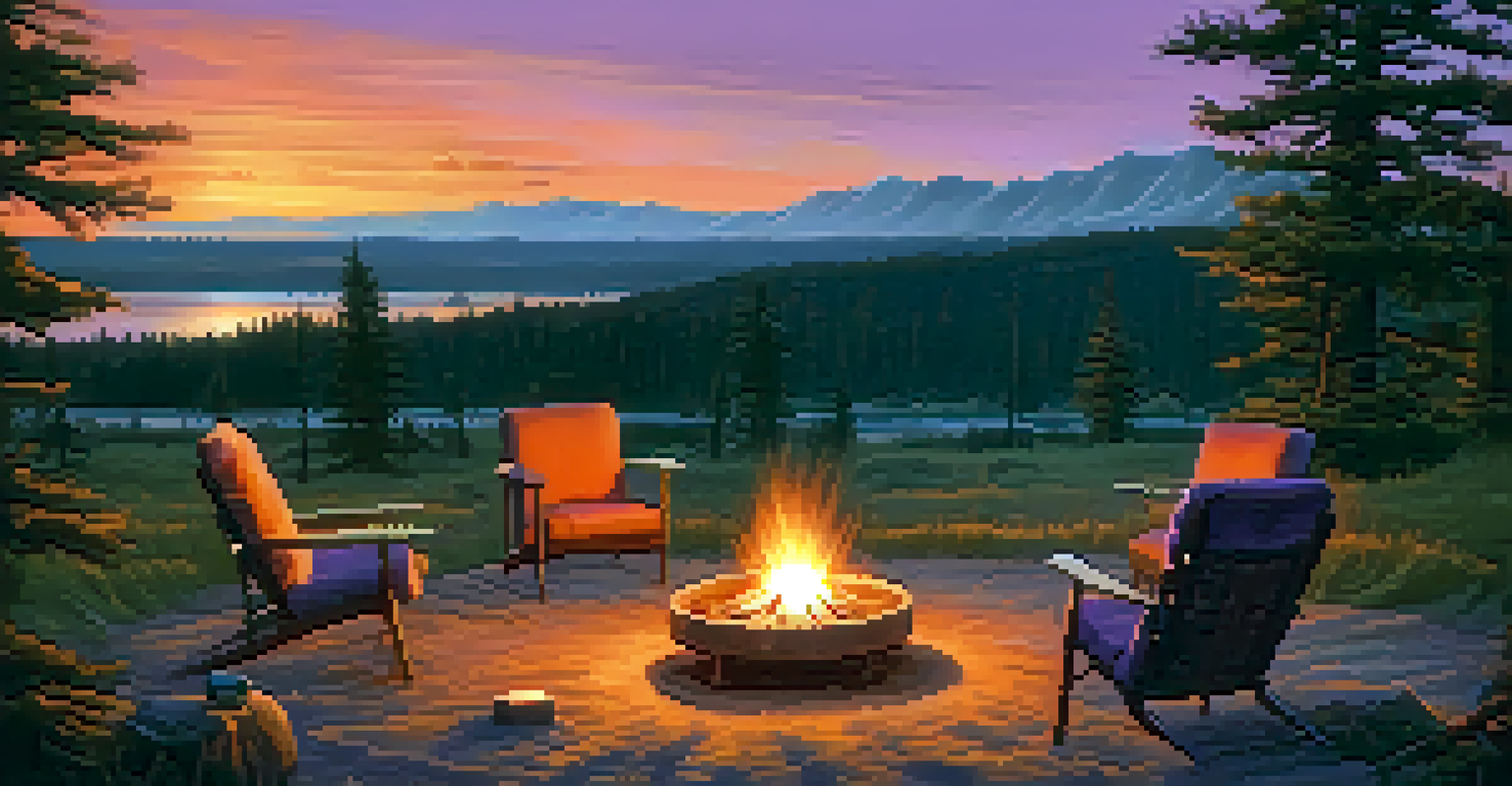 A peaceful campsite at sunset with a warm campfire, comfortable seating, and a sky in shades of orange and purple.