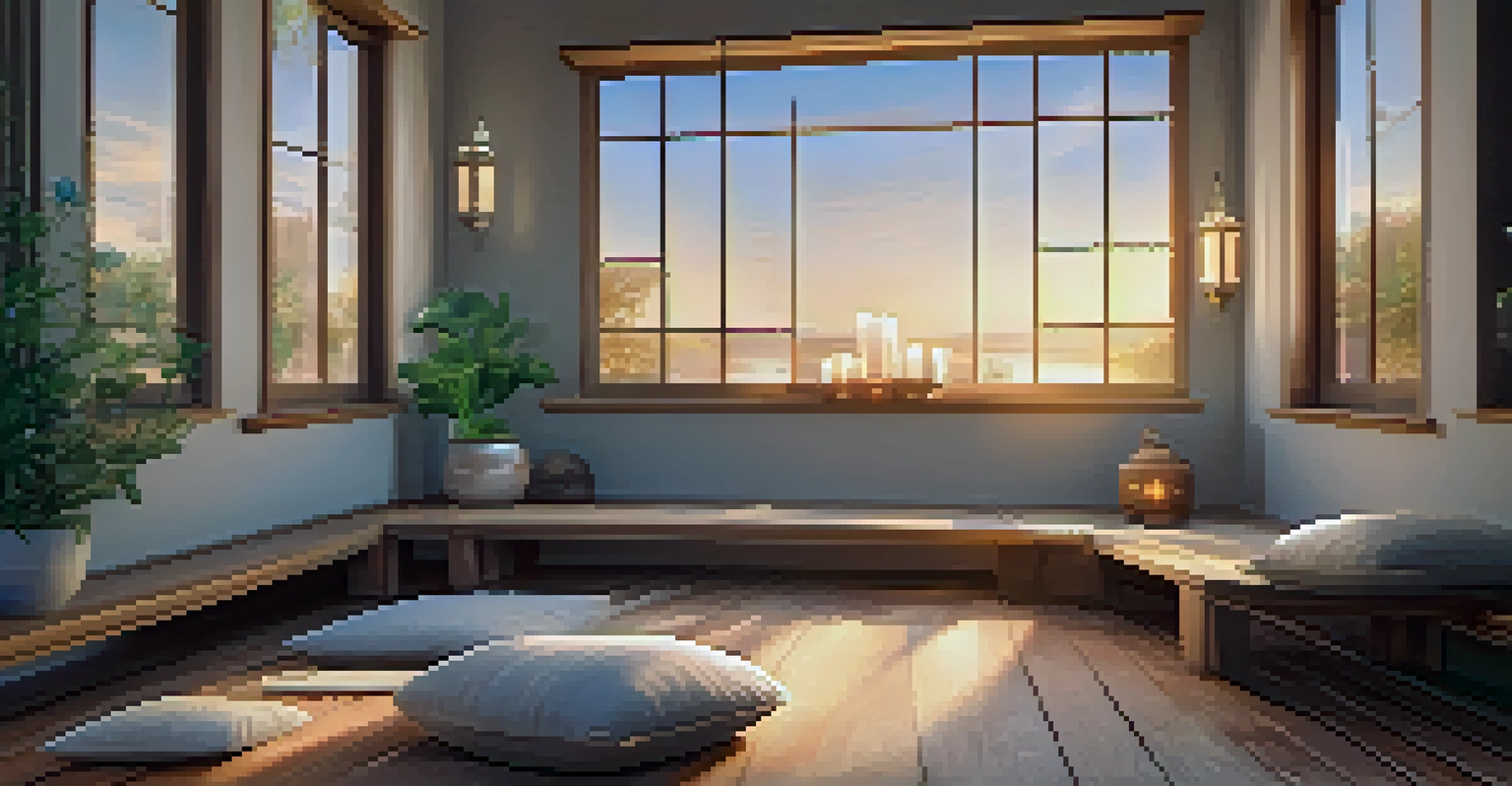 A cozy meditation space with a cushion, candles, and crystals, illuminated by natural light.