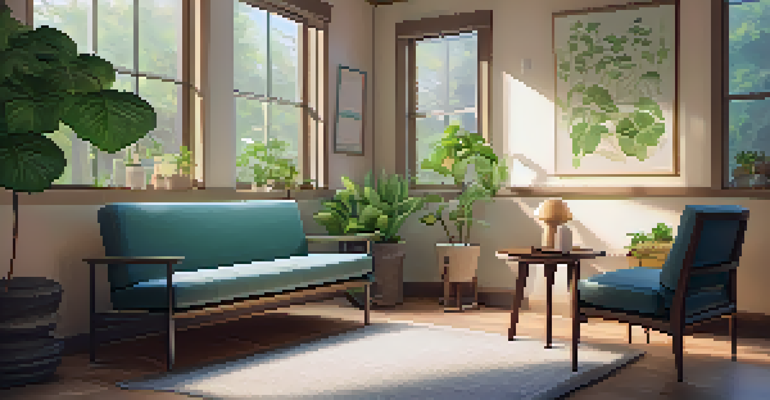 A calming therapy room with warm lighting, comfortable seating, and plants, designed for psilocybin-assisted therapy.