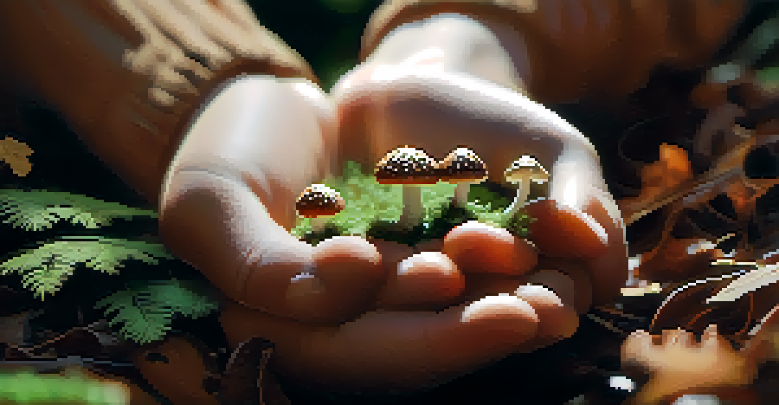 A close-up of hands holding a delicate mushroom, with a blurred forest floor and sunlight in the background.