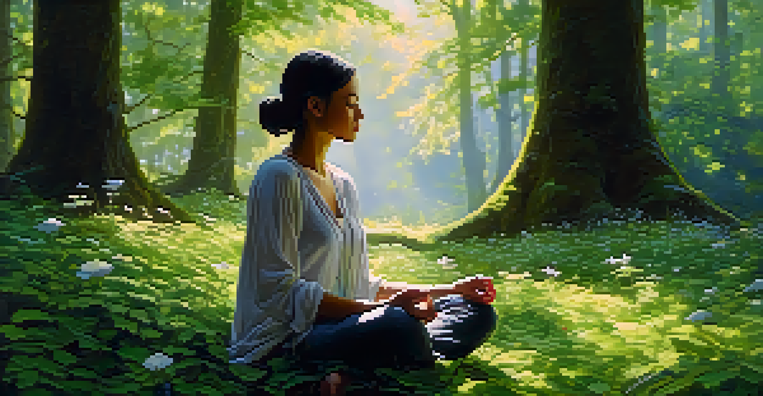 A person meditating in a tranquil forest, surrounded by greenery and sunlight filtering through the leaves, creating a peaceful atmosphere.