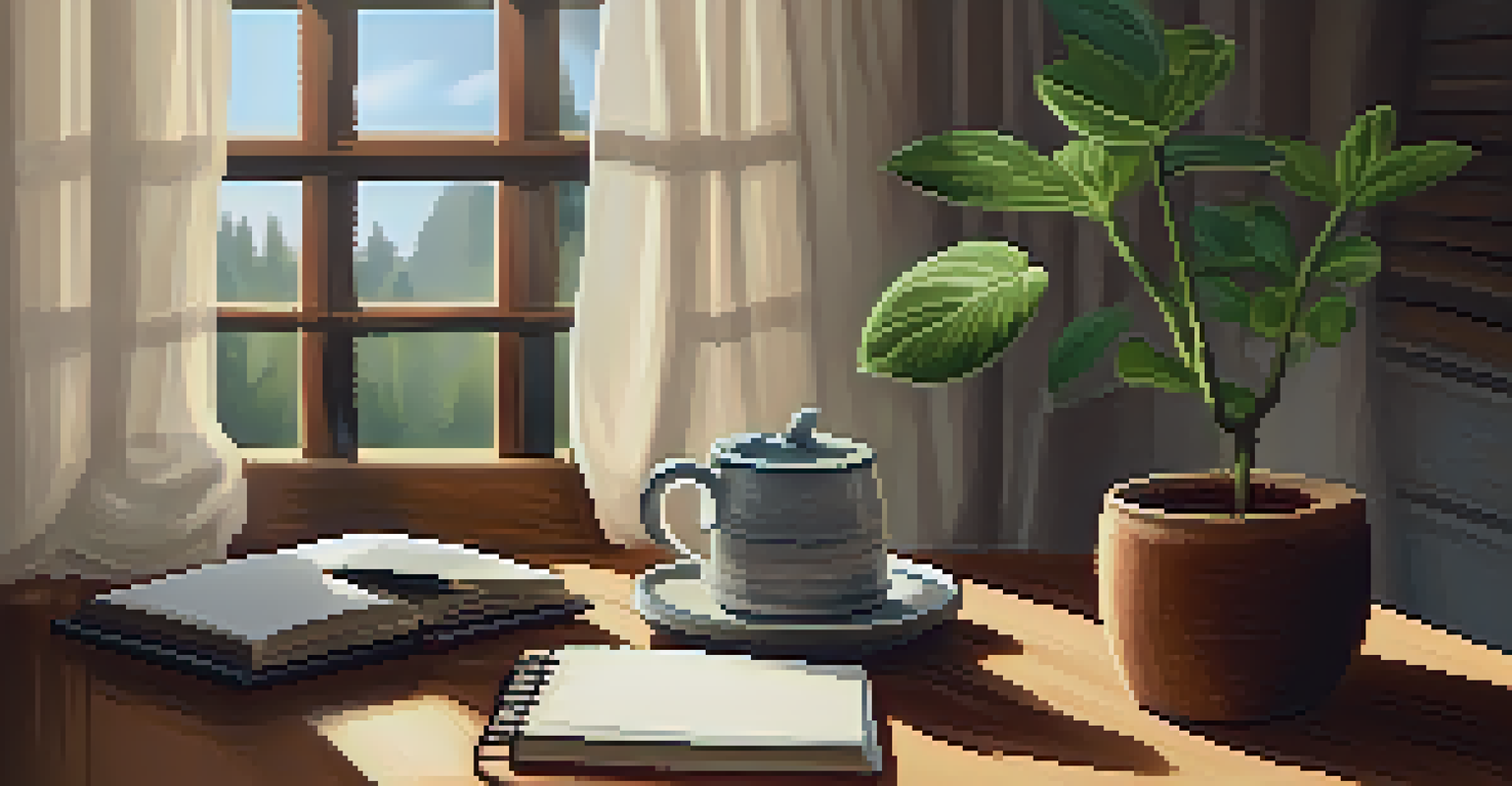 A warm and inviting workspace with a notebook, tea cup, and potted plant on a wooden desk, softly lit by natural light.
