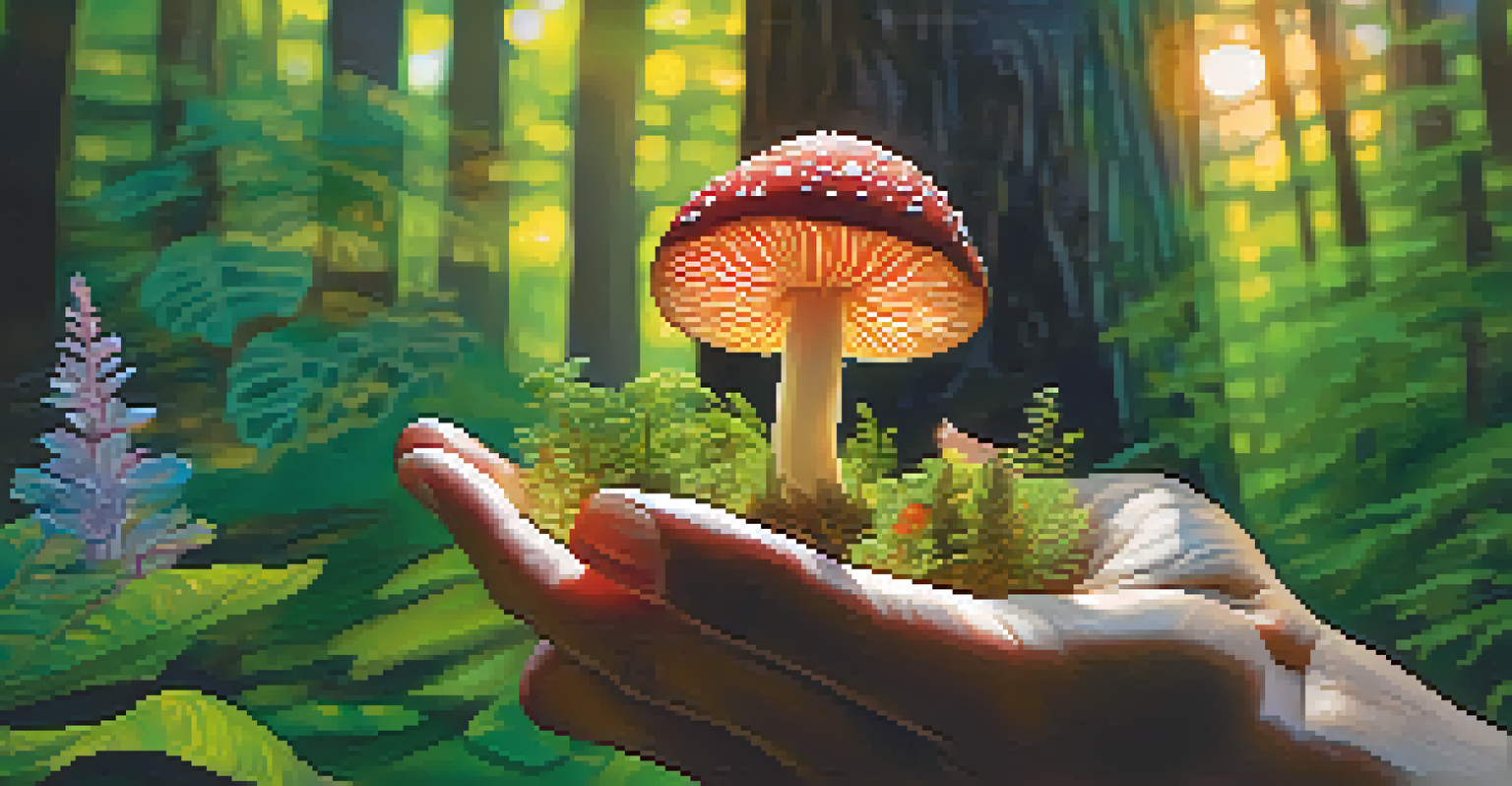 A close-up of a hand holding a colorful psychedelic mushroom in a lush forest, with sunlight filtering through the leaves.
