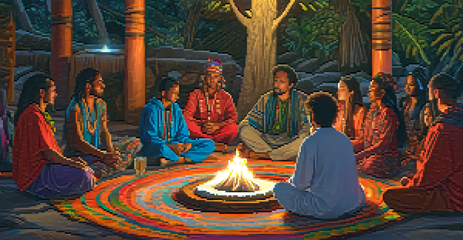 A diverse group of participants seated in a circle during an Ayahuasca ceremony, with a shaman leading the ritual in a candlelit setting.