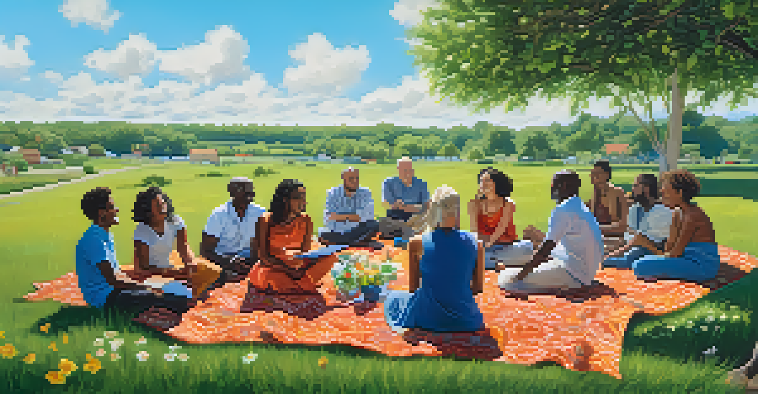 A diverse group of people enjoying an outdoor gathering, sharing stories and laughter in a beautiful natural setting.