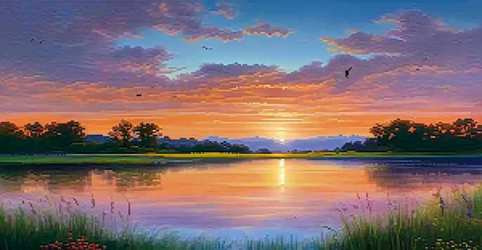 A peaceful landscape with a sunset over a lake, featuring colorful reflections in the water and green grass in the foreground.