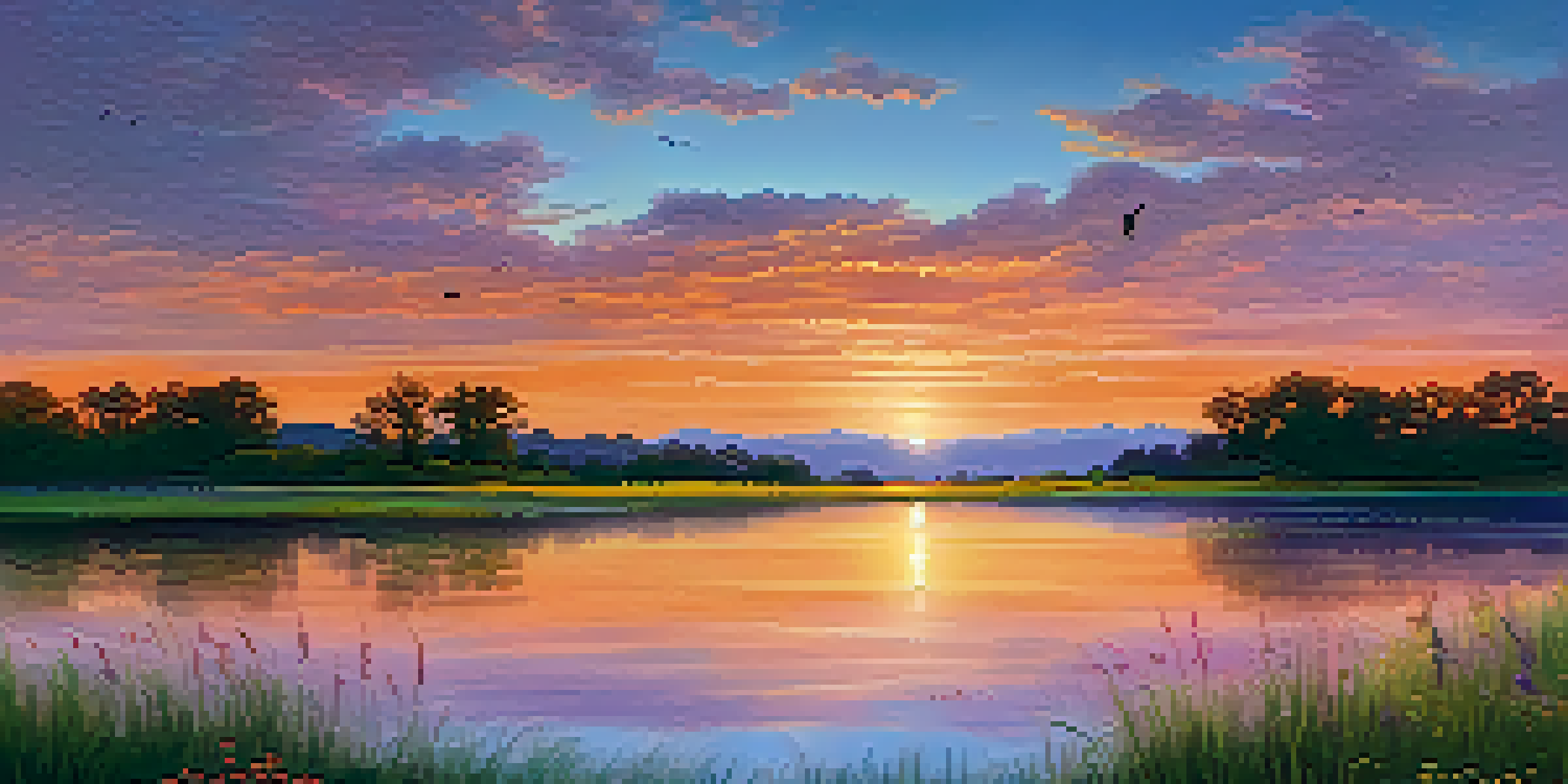 A peaceful landscape with a sunset over a lake, featuring colorful reflections in the water and green grass in the foreground.
