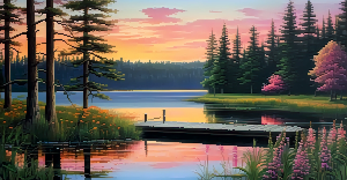 A tranquil forest landscape at sunset, with colorful reflections in a calm lake and a small wooden dock.