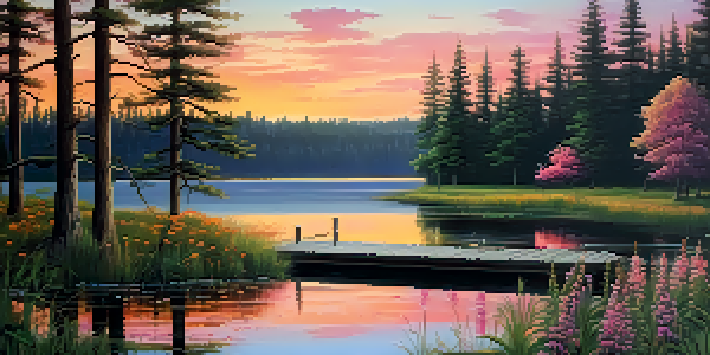 A tranquil forest landscape at sunset, with colorful reflections in a calm lake and a small wooden dock.