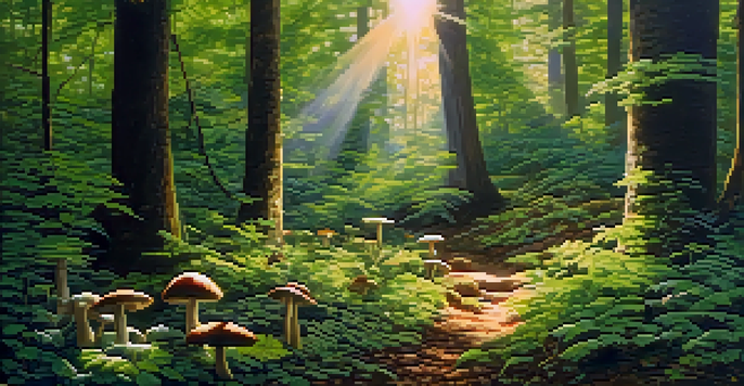 A peaceful forest with sunlight shining through green leaves and mushrooms growing on the ground.