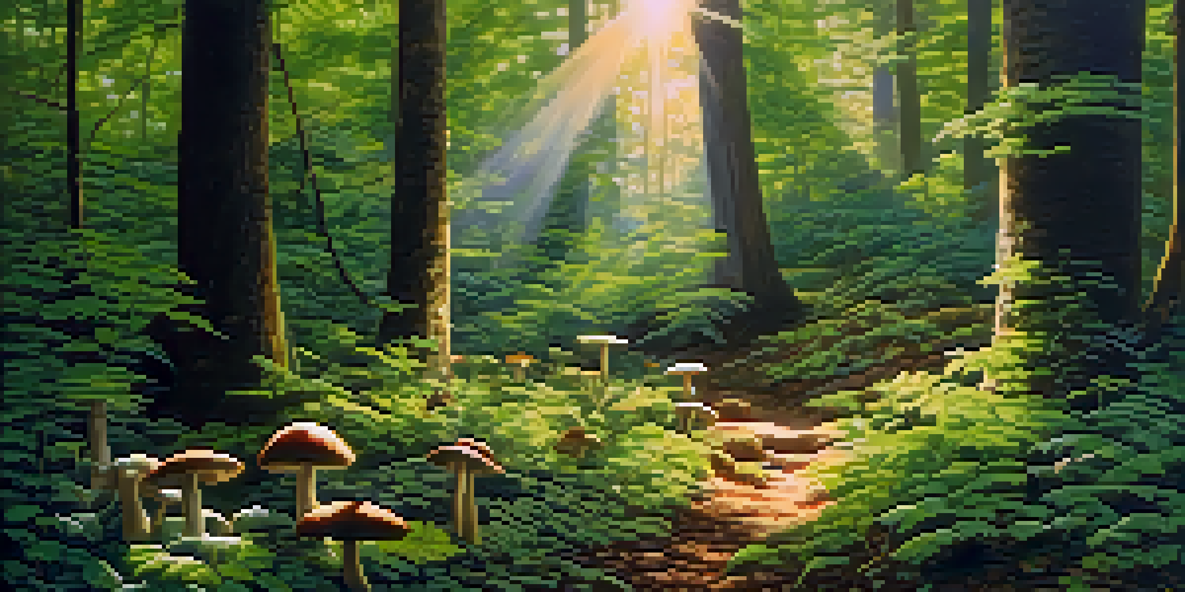 A peaceful forest with sunlight shining through green leaves and mushrooms growing on the ground.