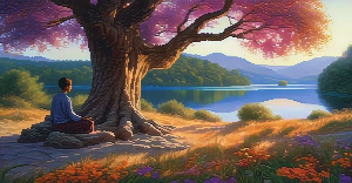 A person meditating under an ancient tree in a serene landscape with a sunset reflection in a lake.