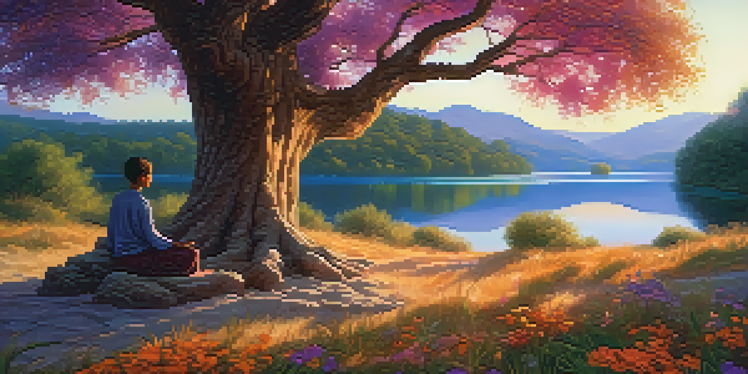 A person meditating under an ancient tree in a serene landscape with a sunset reflection in a lake.