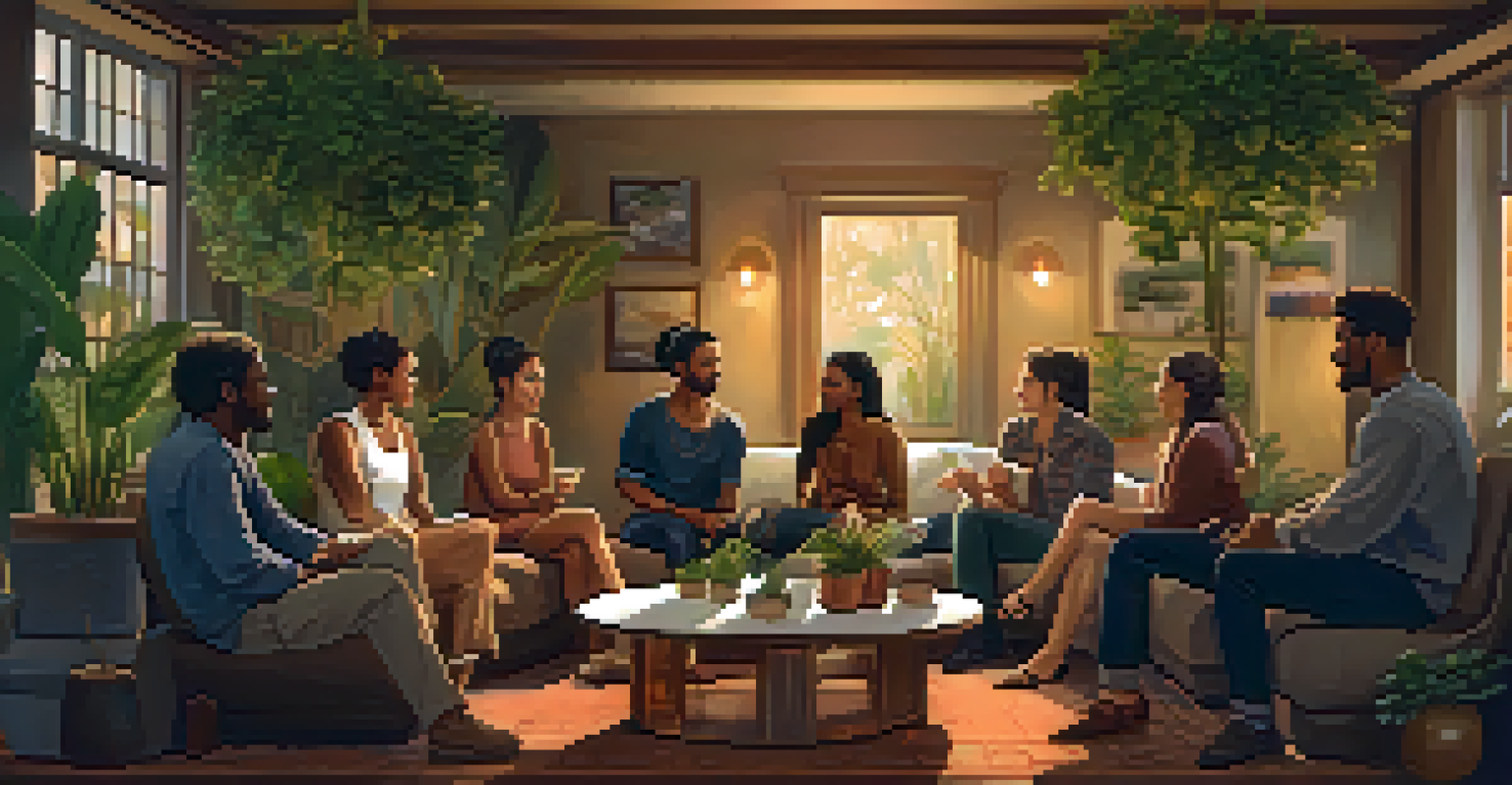 A group of diverse people in a cozy room, seated in a circle, engaged in a heartfelt conversation.
