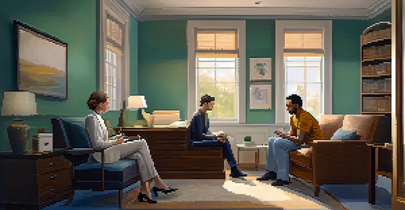 A therapist attentively listening to a patient in a cozy office with calming colors and inspirational quotes.