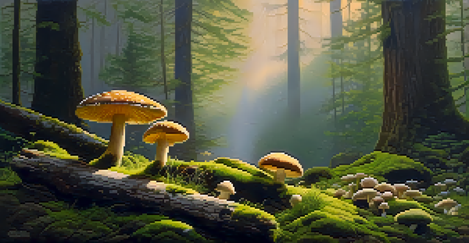 A tranquil forest at dawn with sunlight filtering through trees, vibrant moss, and delicate mushrooms on a log.