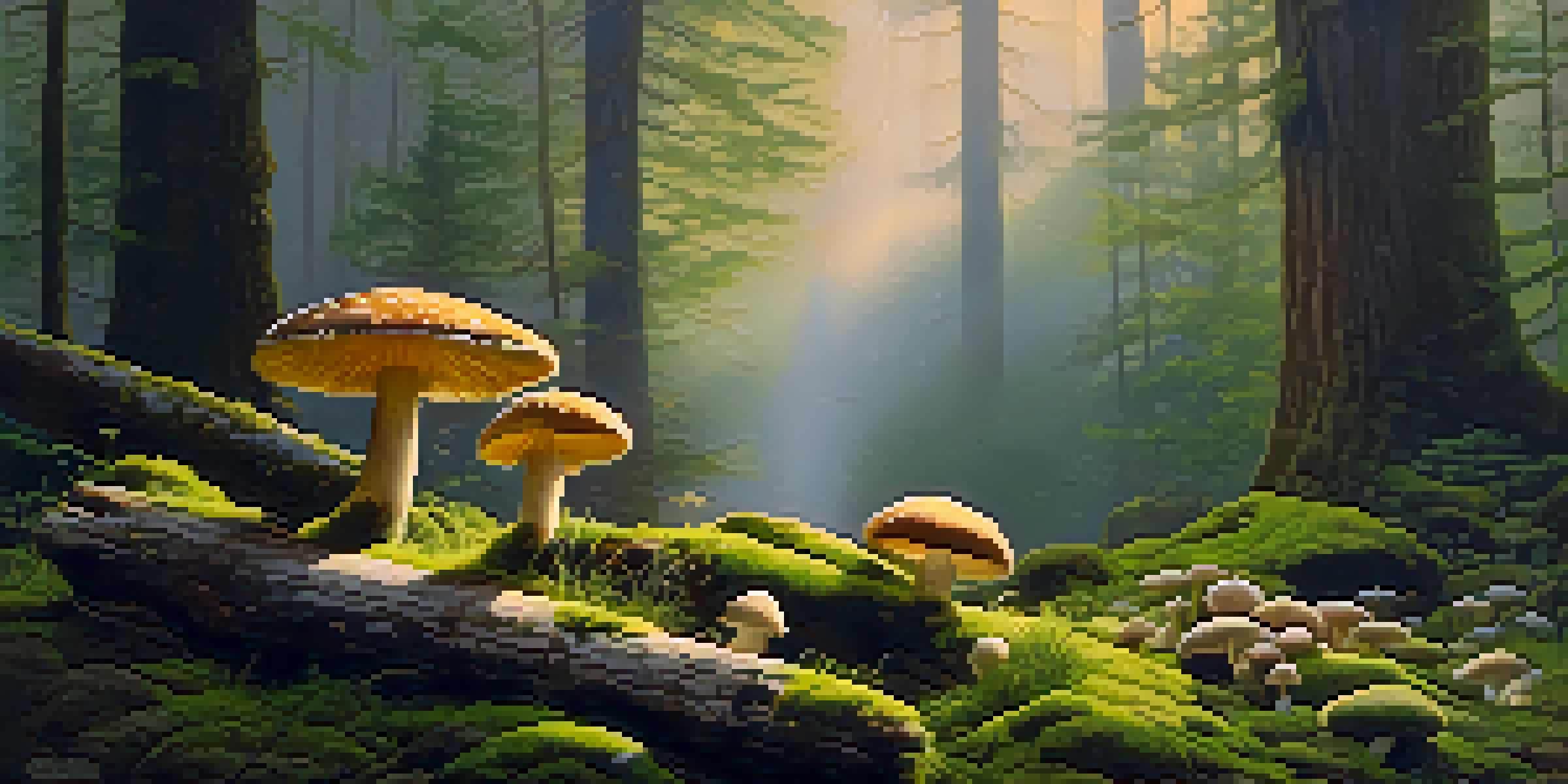 A tranquil forest at dawn with sunlight filtering through trees, vibrant moss, and delicate mushrooms on a log.