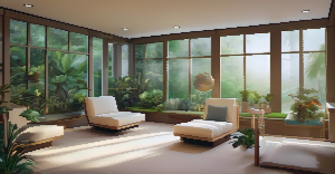 A cozy therapy room with soft lighting and comfortable seating, decorated with plants and artwork, overlooking a tranquil garden.