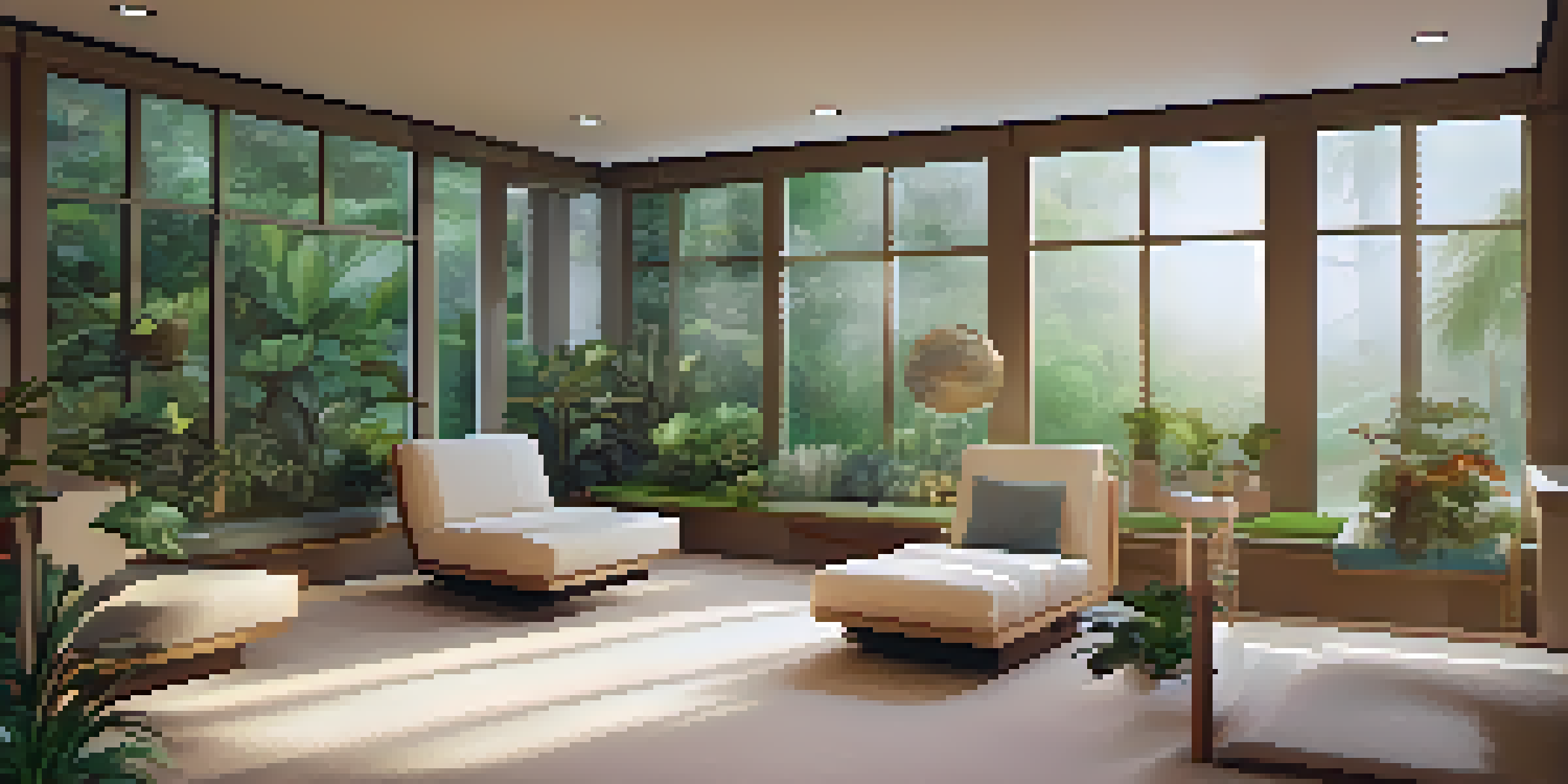 A cozy therapy room with soft lighting and comfortable seating, decorated with plants and artwork, overlooking a tranquil garden.
