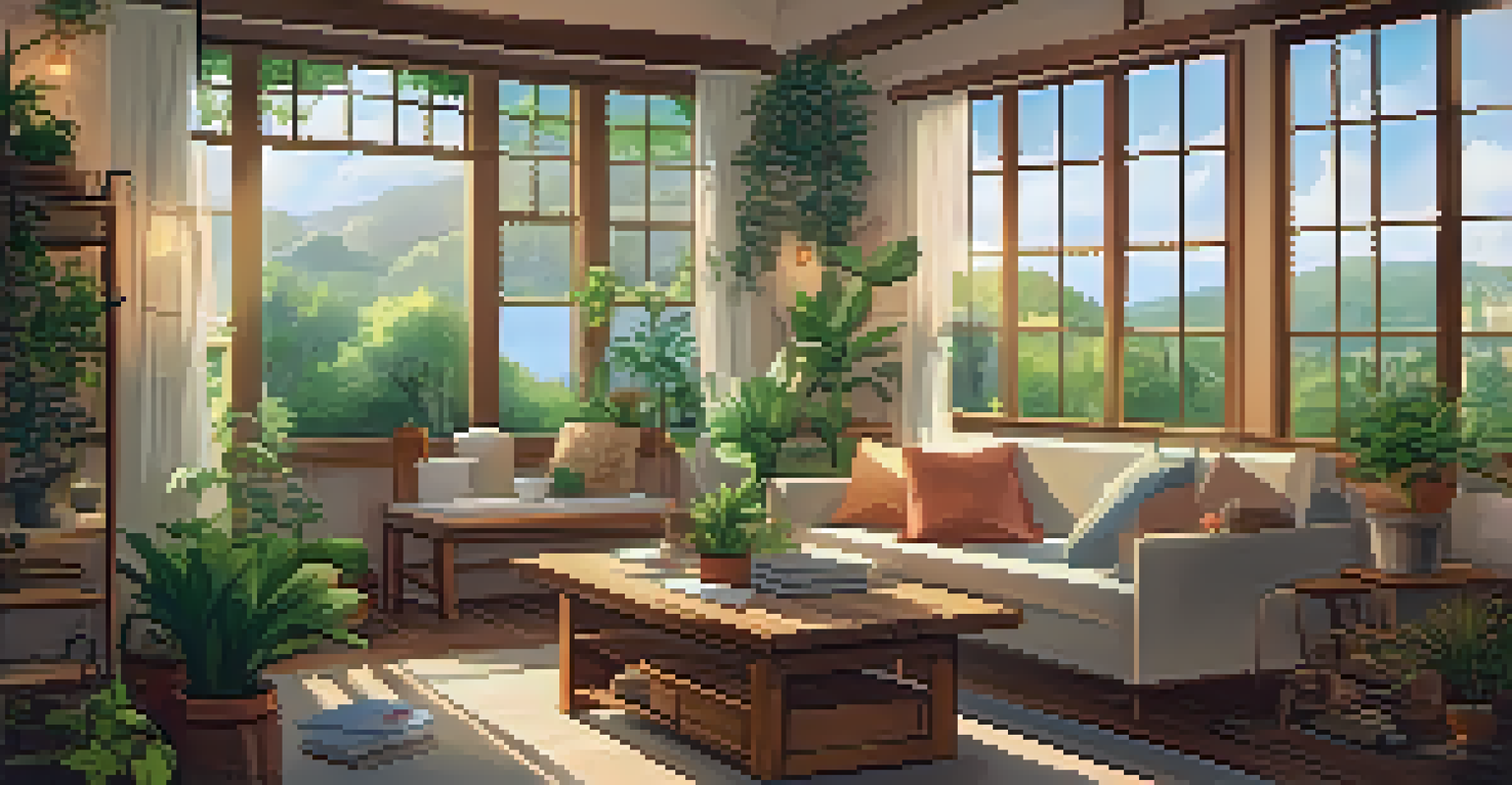 A cozy retreat room with natural wood furniture, soft cushions, and plants, featuring a table with journals and herbal tea cups, and a view of a garden outside.