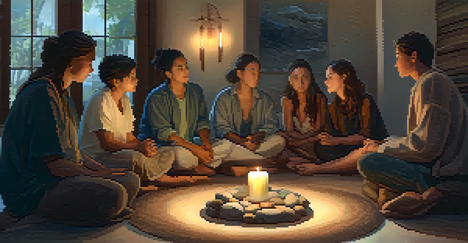 An indoor group discussion setting with cushions and blankets, warm lighting, and participants engaged in conversation.