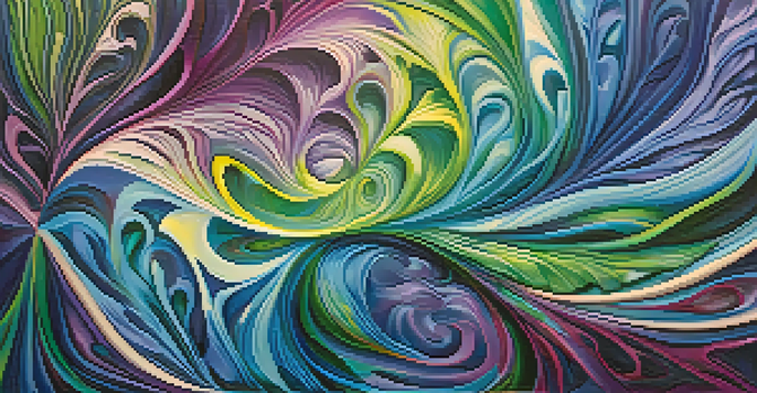 An abstract painting with swirling colors and organic shapes, resembling a dream-like landscape.