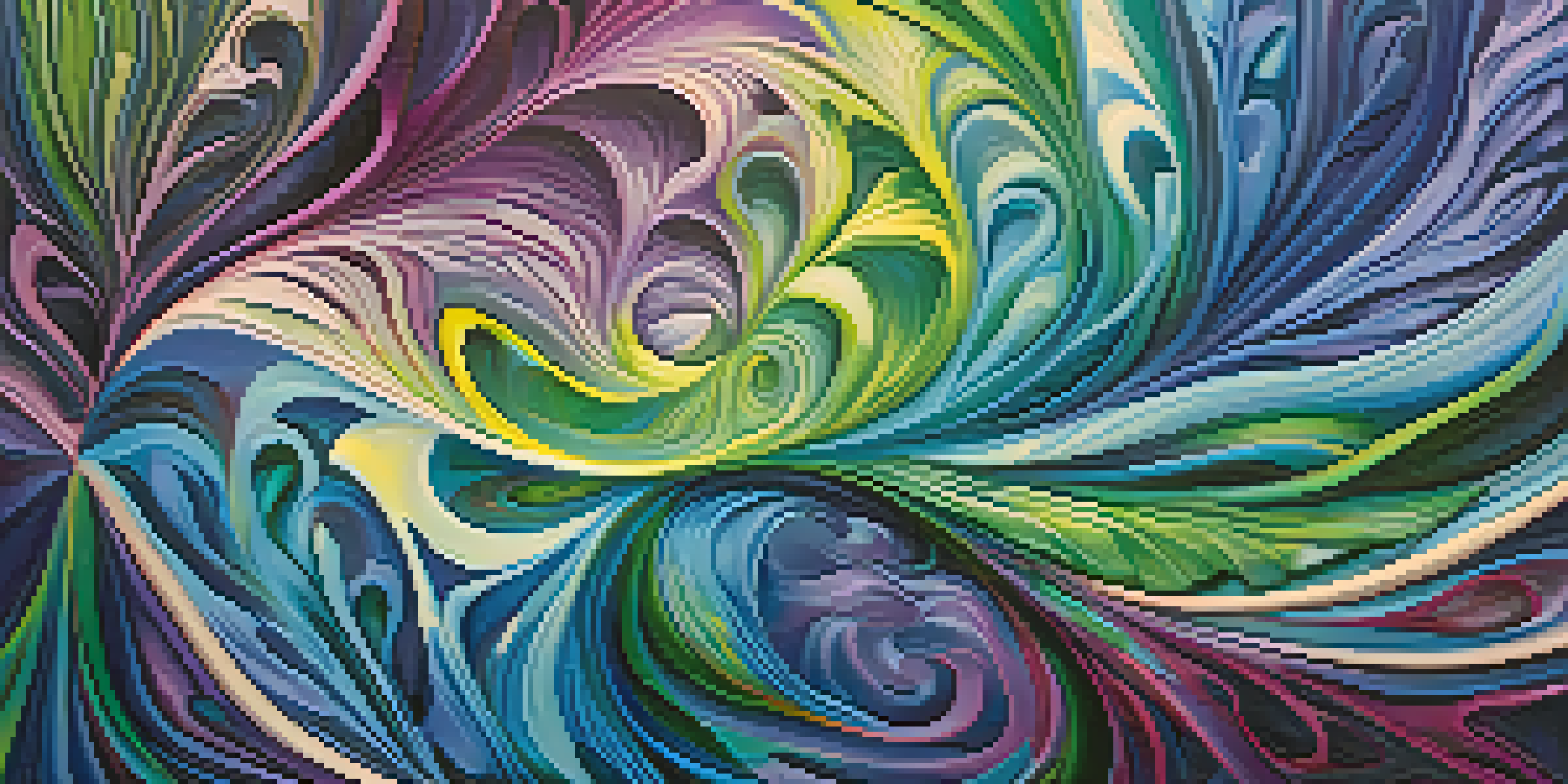 An abstract painting with swirling colors and organic shapes, resembling a dream-like landscape.