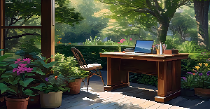 A peaceful outdoor workspace with a vintage wooden desk under a leafy tree, a laptop and sketches on the desk, surrounded by colorful flowers and greenery.