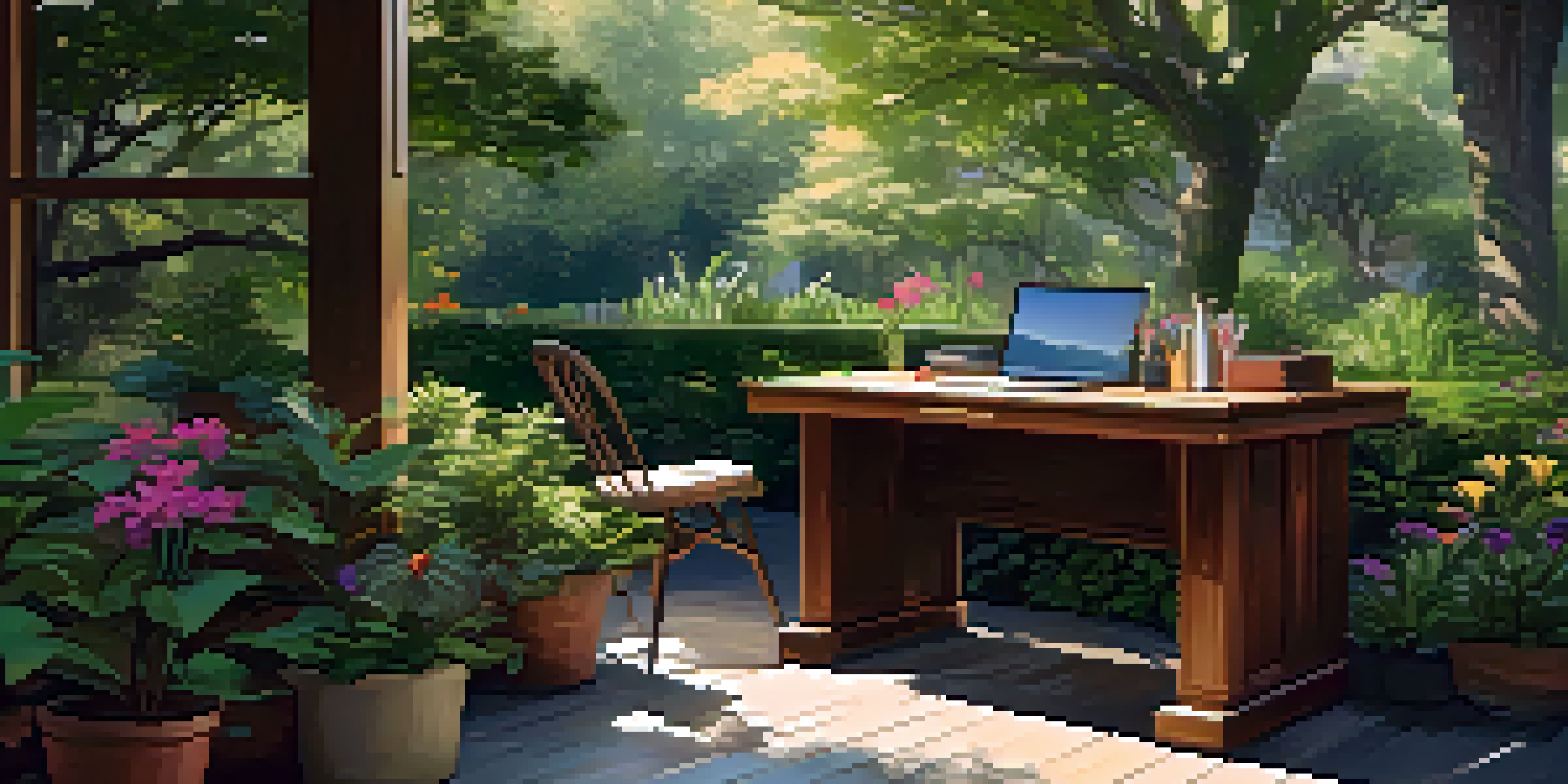 A peaceful outdoor workspace with a vintage wooden desk under a leafy tree, a laptop and sketches on the desk, surrounded by colorful flowers and greenery.