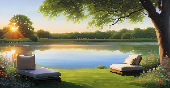 A tranquil scene featuring a river at sunset, surrounded by greenery and a cozy seating area with cushions.