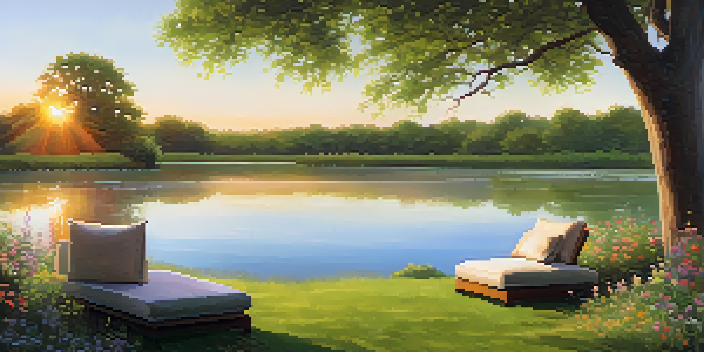 A tranquil scene featuring a river at sunset, surrounded by greenery and a cozy seating area with cushions.
