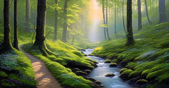 A peaceful forest at sunrise with sunlight streaming through trees, moss-covered ground, and a flowing stream.