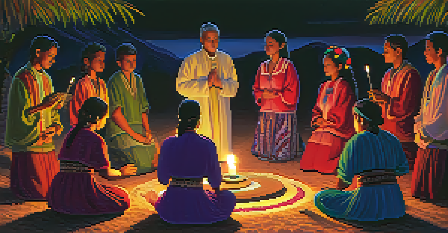 A Mazatec healing ceremony at dusk, with a curandero leading participants in prayer and song, surrounded by candlelight and flowers.