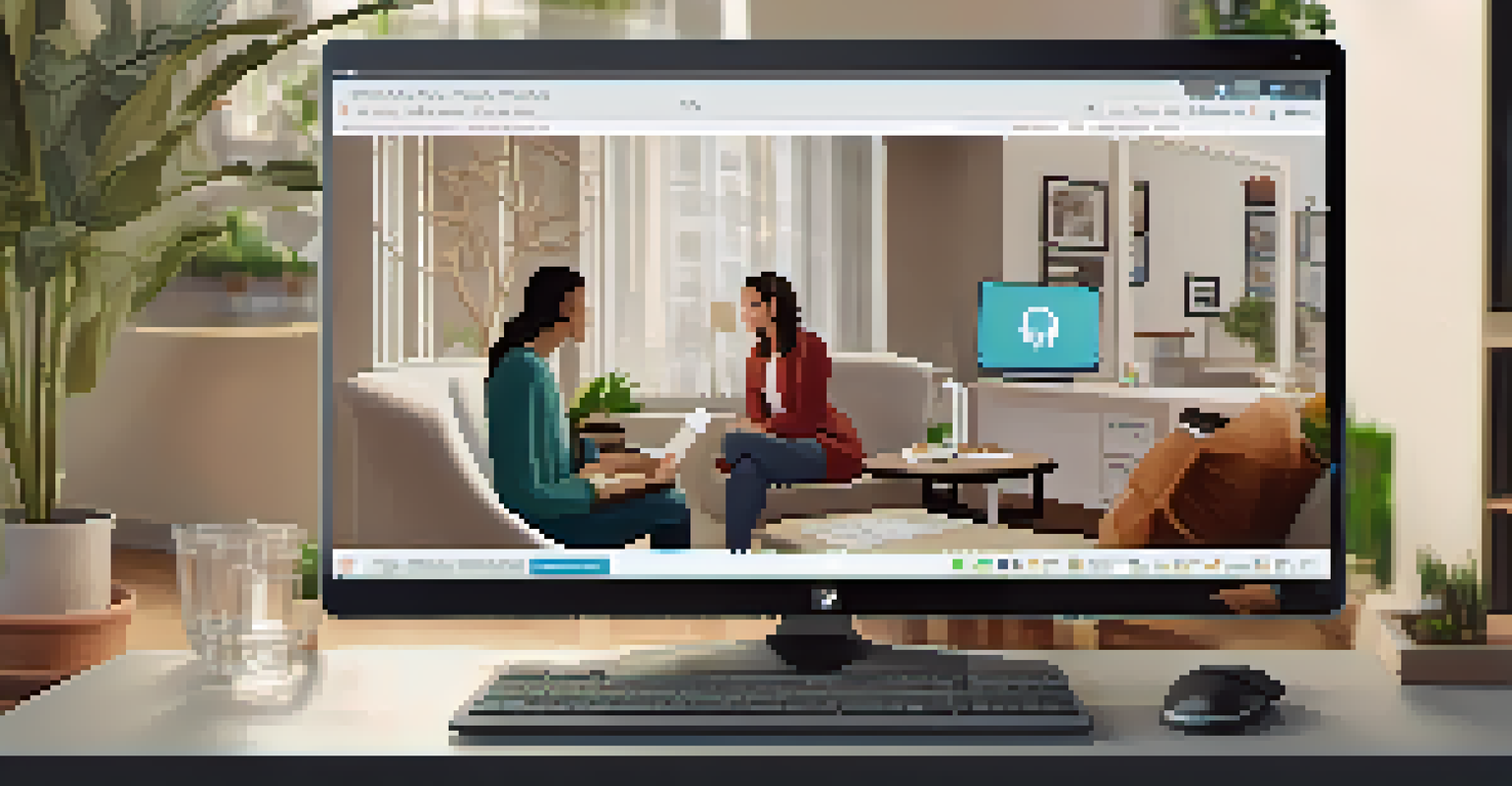 A computer screen showing a virtual therapy session with a therapist and patient in cozy environments.