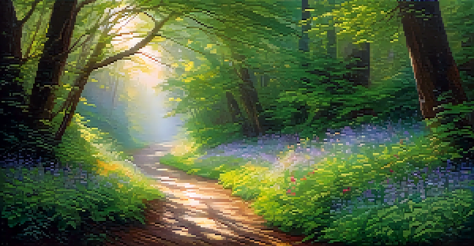 A peaceful forest path with sunlight filtering through leaves and colorful wildflowers along the way.