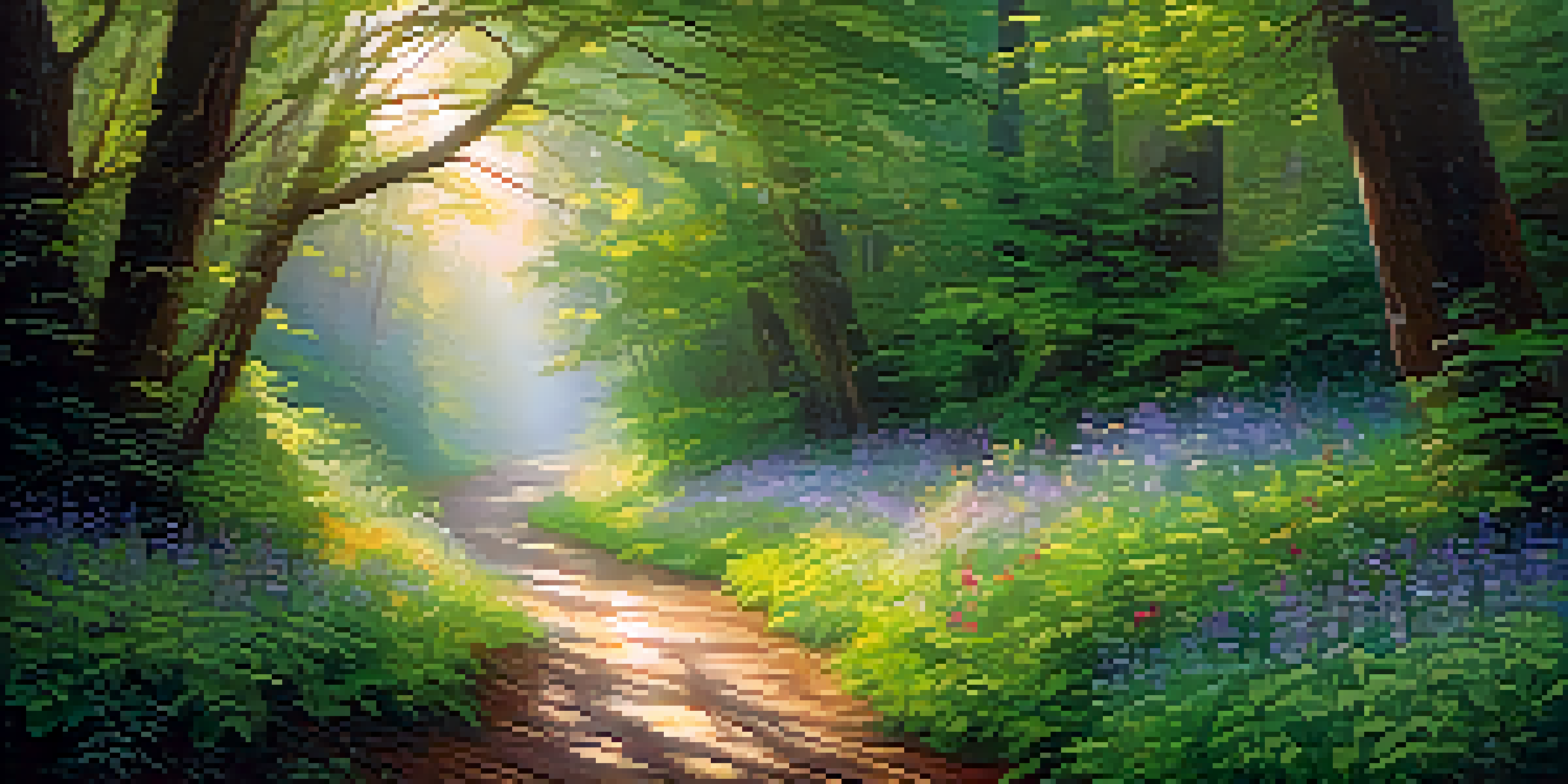 A peaceful forest path with sunlight filtering through leaves and colorful wildflowers along the way.