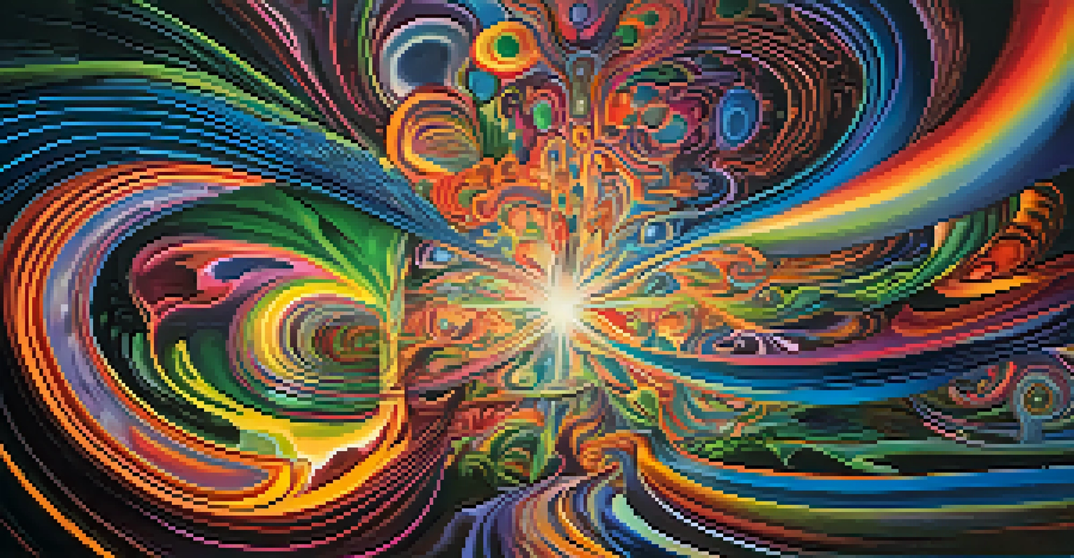 An abstract representation of a psychedelic experience with vivid colors and swirling patterns symbolizing emotional breakthroughs.