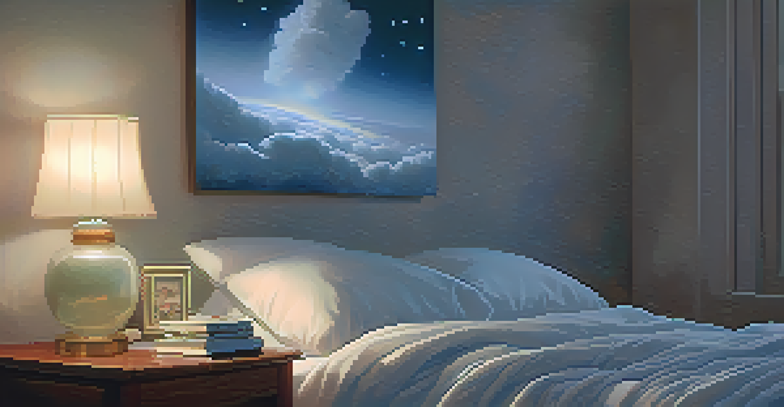A peaceful sleeping person in a softly lit bedroom with dreamlike visuals in the background.
