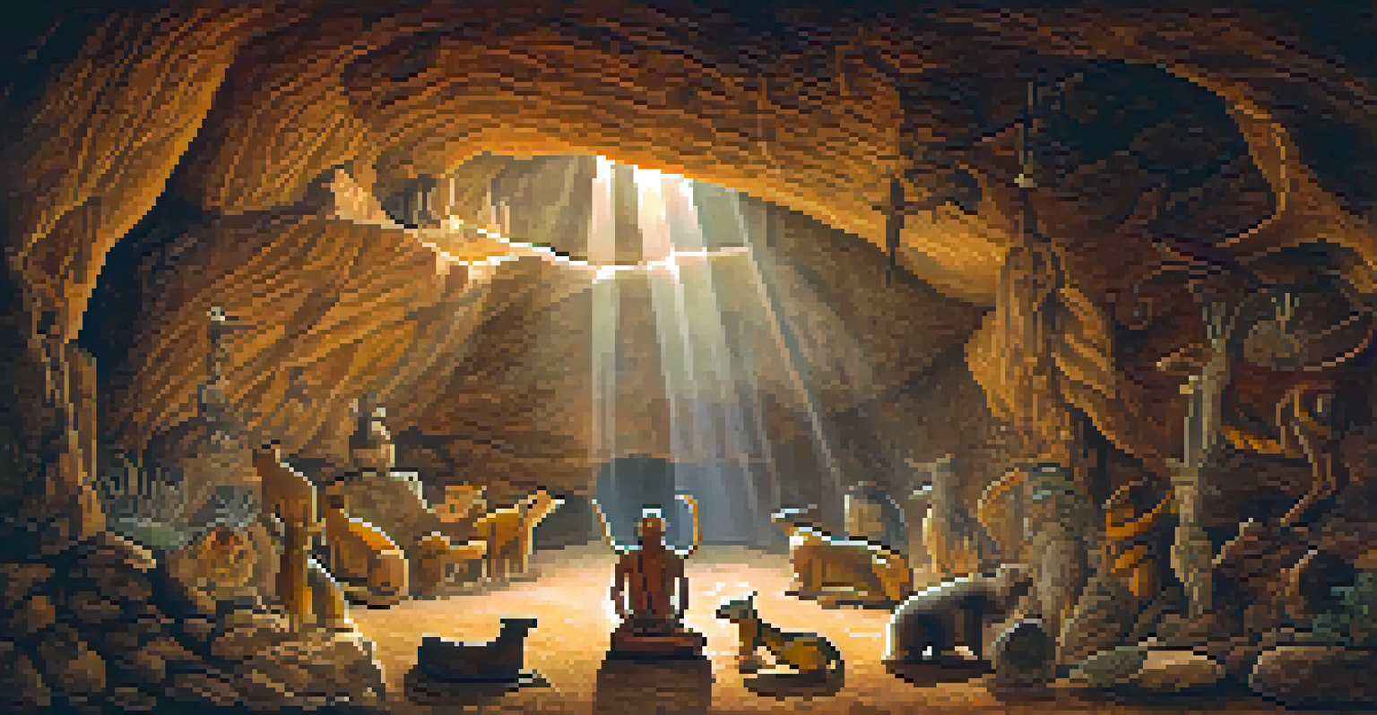 An ancient cave painting of a shamanic figure surrounded by animals and nature symbols, showcasing earthy colors.