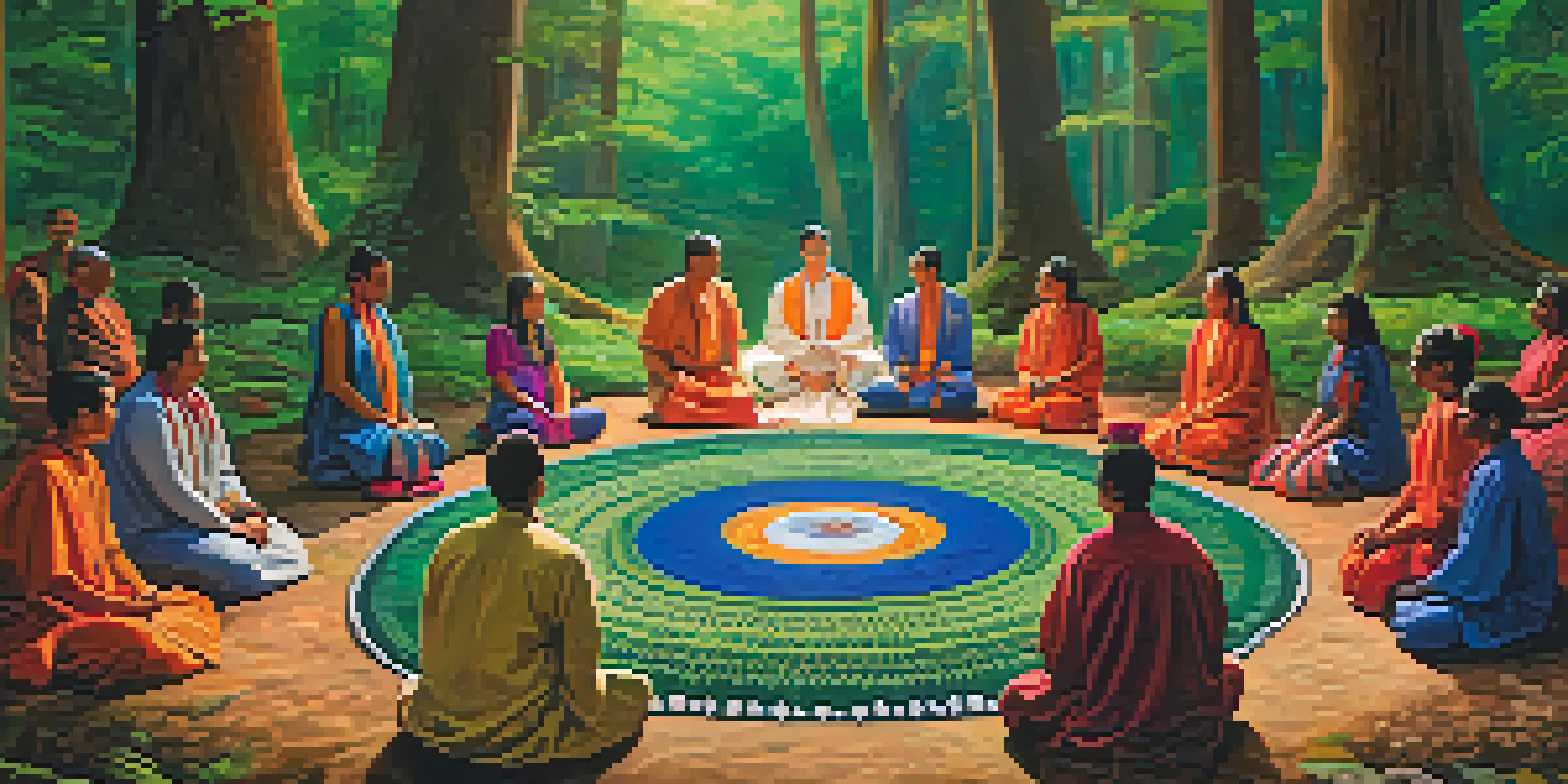 A peaceful forest scene with participants sitting in a circle on colorful blankets during a hallucinogenic ceremony, led by a shaman in traditional clothing.