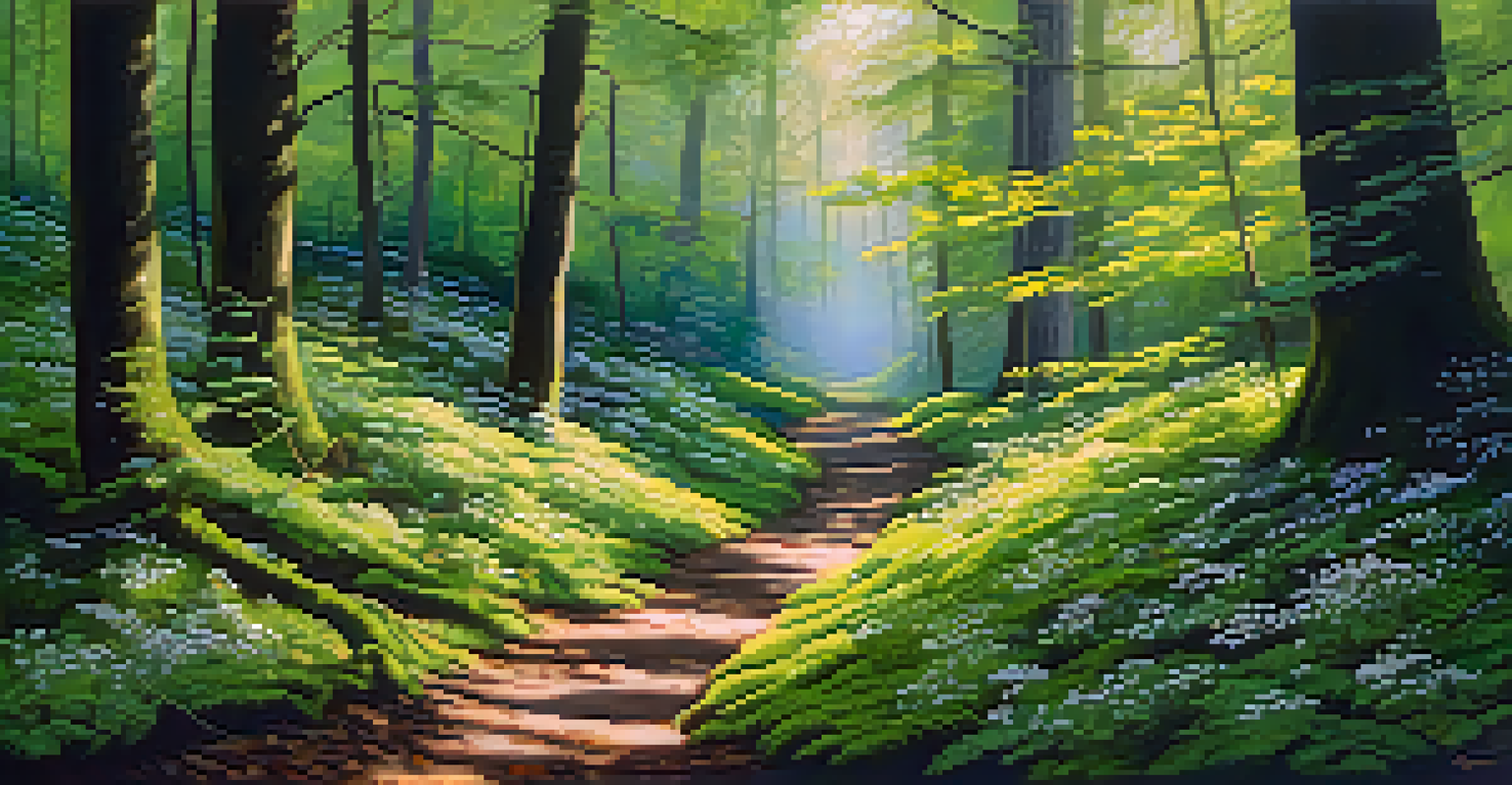 A peaceful forest with sunlight shining through the leaves and a winding path covered in moss and wildflowers.