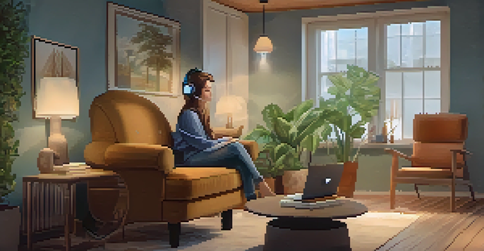 A person in a cozy room engaged in a virtual therapy session, smiling while wearing a headset, with a therapist visible on a laptop screen.